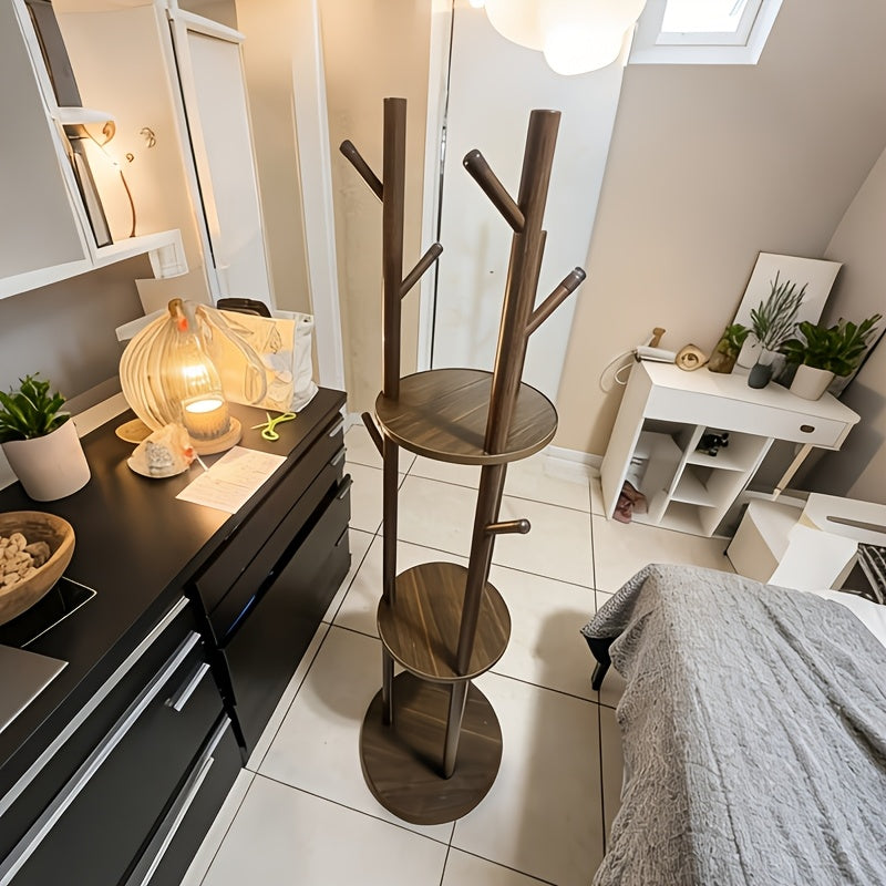 DrehHolz: Appendiabiti autoportante – Design in legno massello con 3 ripiani e 9 ganci, girevole a 360° per corridoio e camera da letto