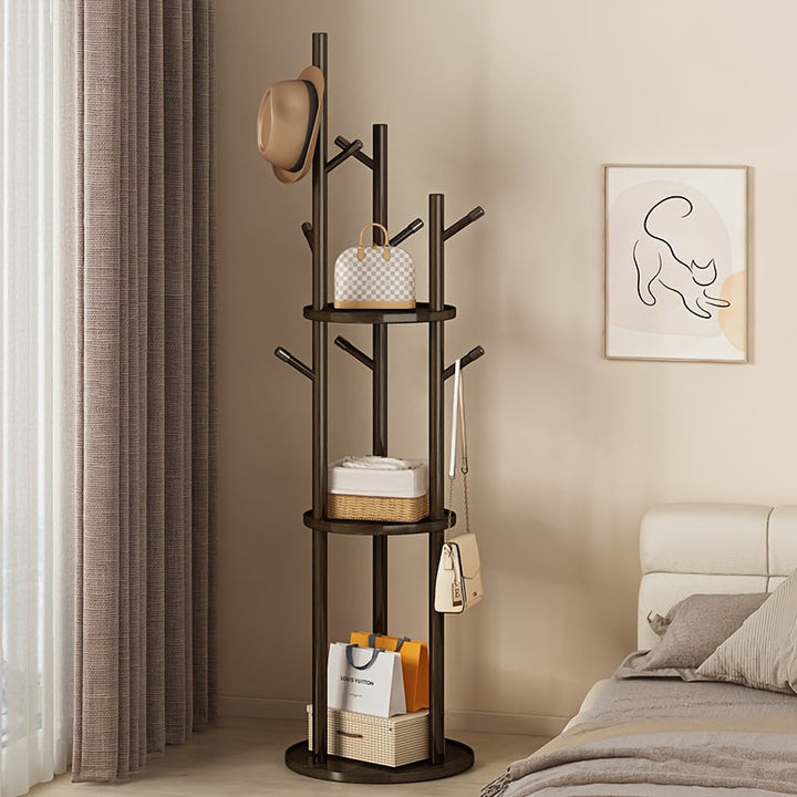 DrehHolz: Appendiabiti autoportante – Design in legno massello con 3 ripiani e 9 ganci, girevole a 360° per corridoio e camera da letto