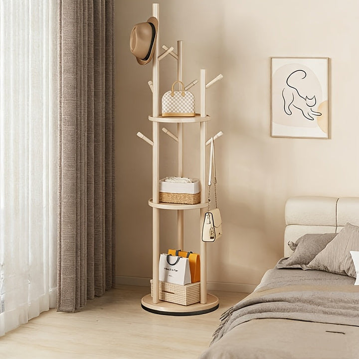 DrehHolz: Appendiabiti autoportante – Design in legno massello con 3 ripiani e 9 ganci, girevole a 360° per corridoio e camera da letto