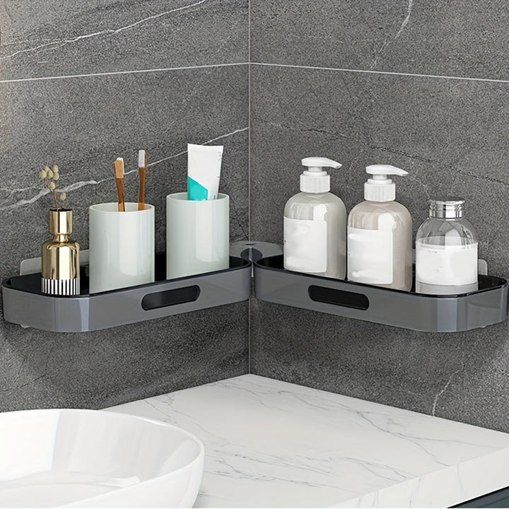 DrehOrdnung: Mensola da parete per bagno – moderno scaffale angolare in plastica, montato a parete e salvaspazio per cosmetici e prodotti per la cura