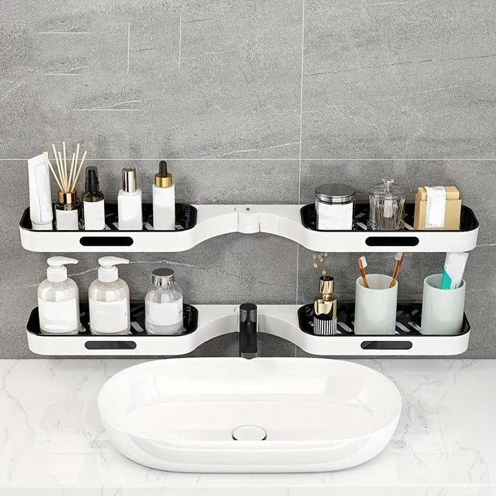 DrehOrdnung: Mensola da parete per bagno – moderno scaffale angolare in plastica, montato a parete e salvaspazio per cosmetici e prodotti per la cura