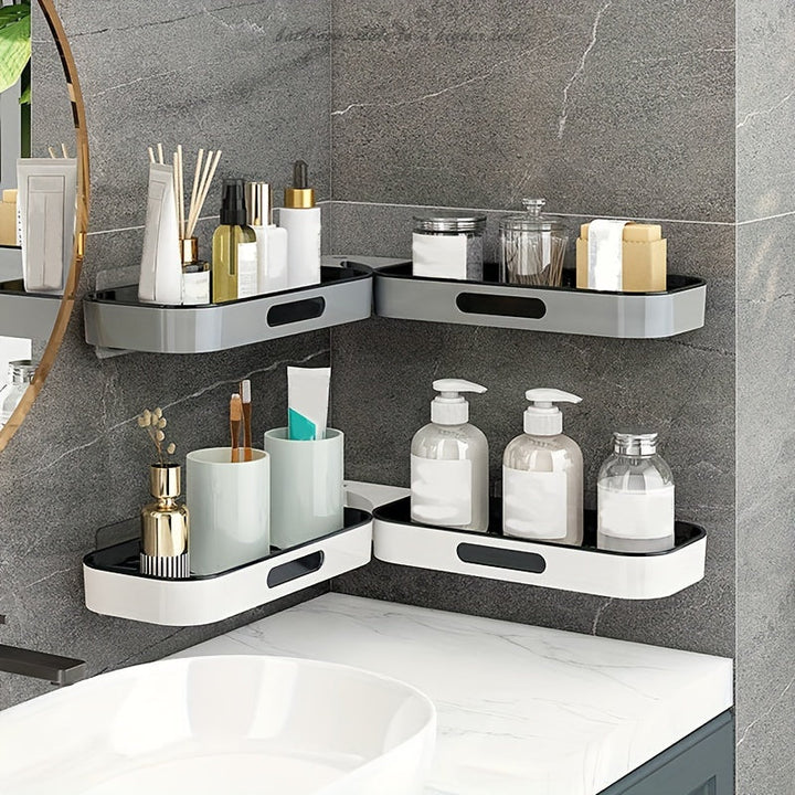 DrehOrdnung: Mensola da parete per bagno – moderno scaffale angolare in plastica, montato a parete e salvaspazio per cosmetici e prodotti per la cura
