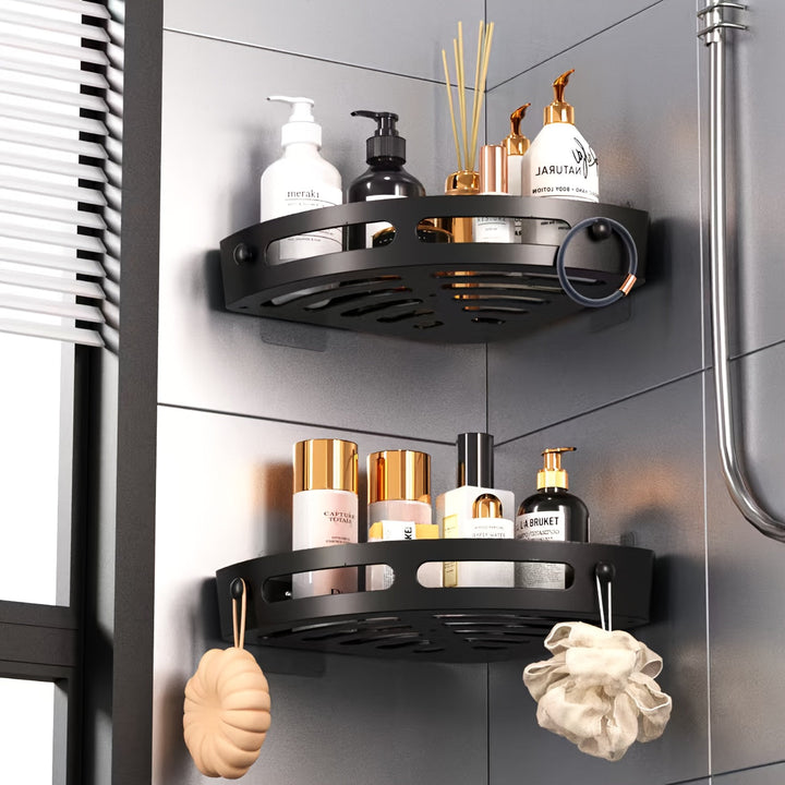 DuschOrdnung: Mensole da parete per bagno – moderno scaffale angolare in plastica, sospeso e salvaspazio senza forare per shampoo e cosmetici