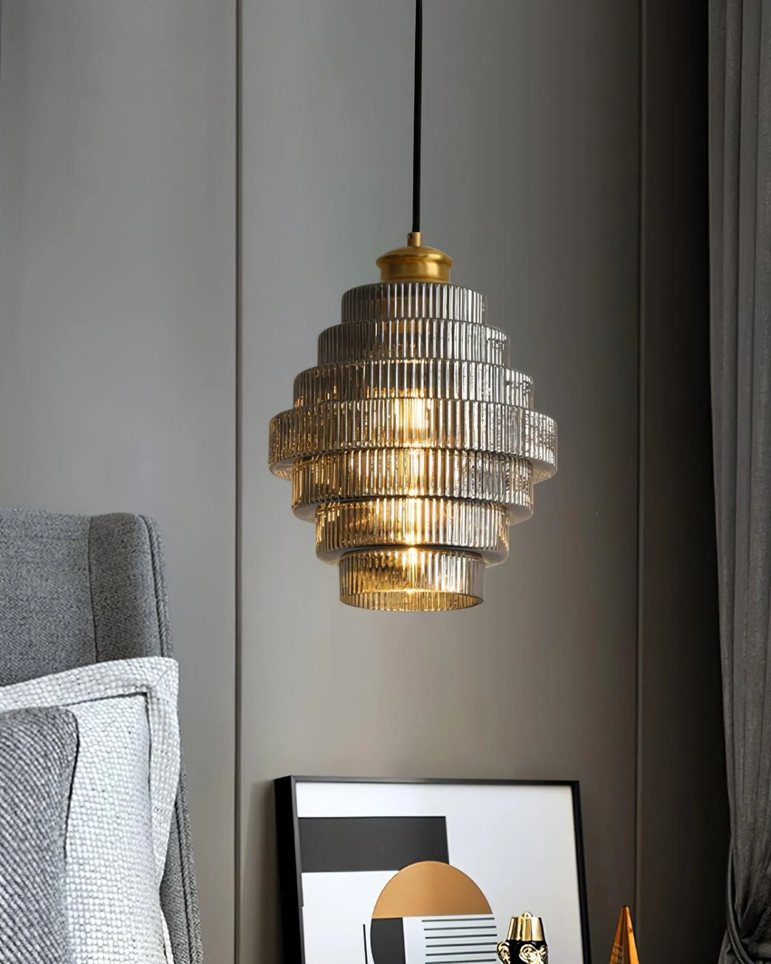 ÉclatAmbiente: Lampada a sospensione design – lampada in vetro dorato con forma sospesa, lussuosa per soggiorno e sala da pranzo