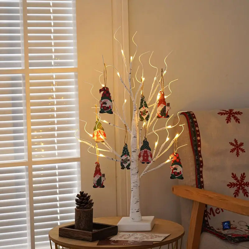 Elarin Albero di Betulla Natalizio con LED e Figure di Gnomi – 60 cm Decorazione Festiva per la Tavola