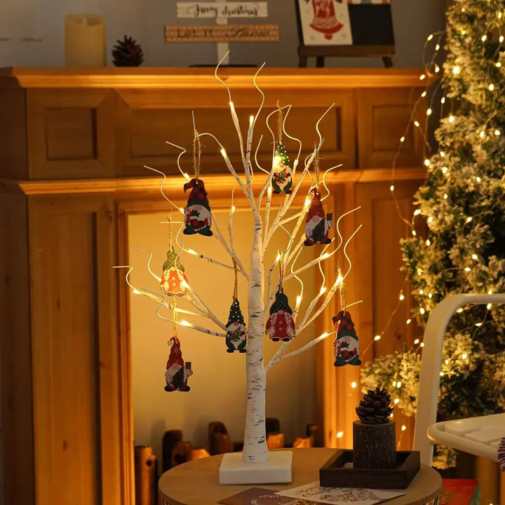 Elarin Albero di Betulla Natalizio con LED e Figure di Gnomi – 60 cm Decorazione Festiva per la Tavola