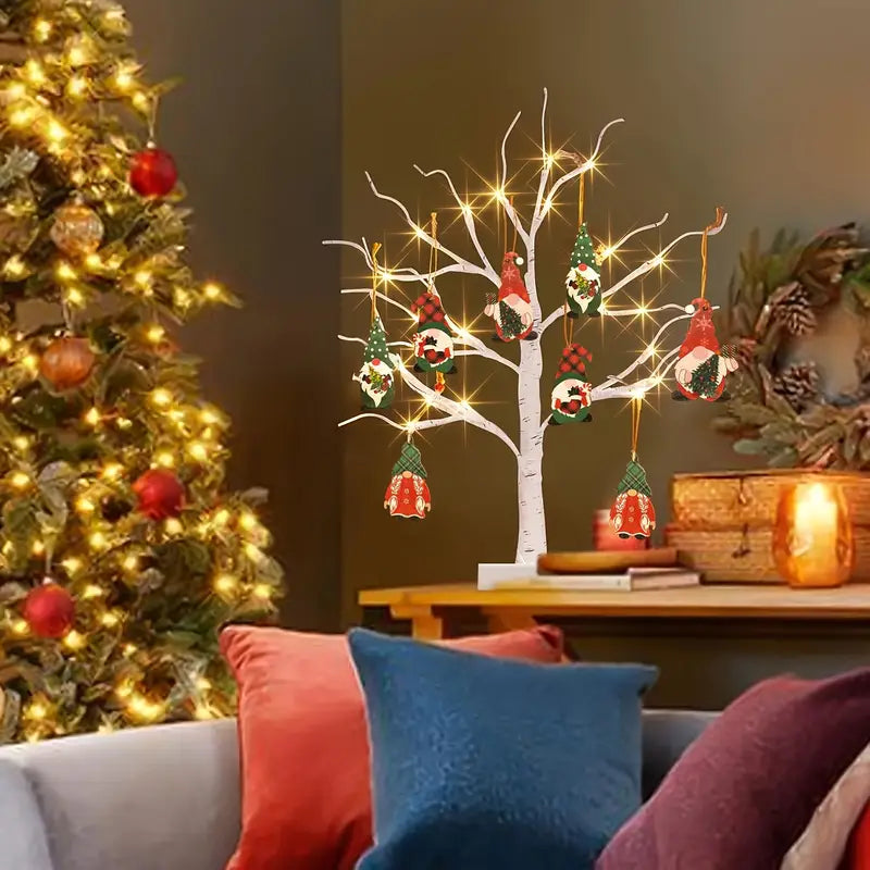 Elarin Albero di Betulla Natalizio con LED e Figure di Gnomi – 60 cm Decorazione Festiva per la Tavola