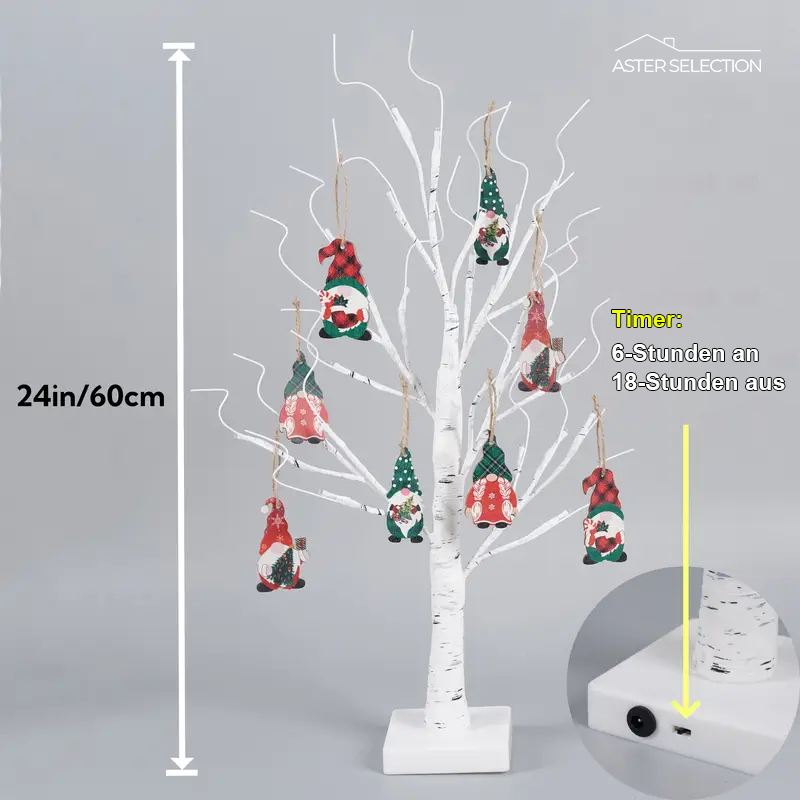 Elarin Albero di Betulla Natalizio con LED e Figure di Gnomi – 60 cm Decorazione Festiva per la Tavola