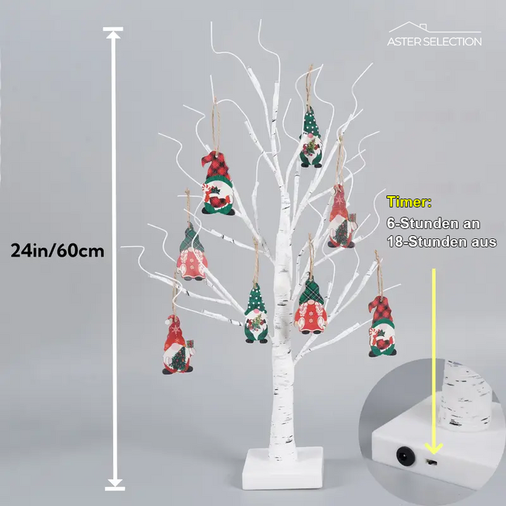 Elarin Albero di Betulla Natalizio con LED e Figure di Gnomi – 60 cm Decorazione Festiva per la Tavola