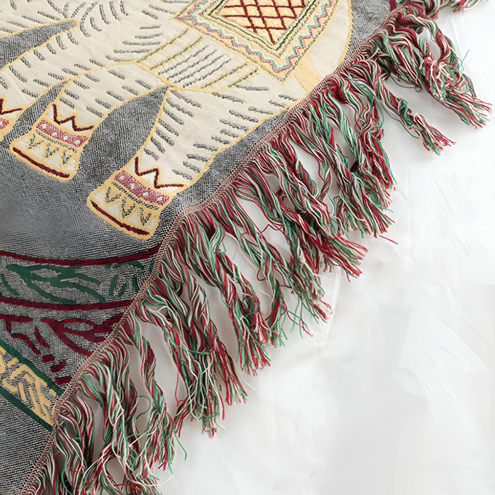 ElefantHaus: Coperta estiva in cotone con design Boho, motivo elefante e frange decorative – per divano e camera da letto