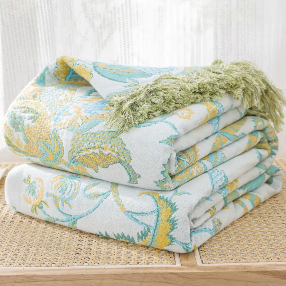 EleganzFaden: Coperte in cotone con struttura jacquard floreale e design decorativo con frange – per divano e letto