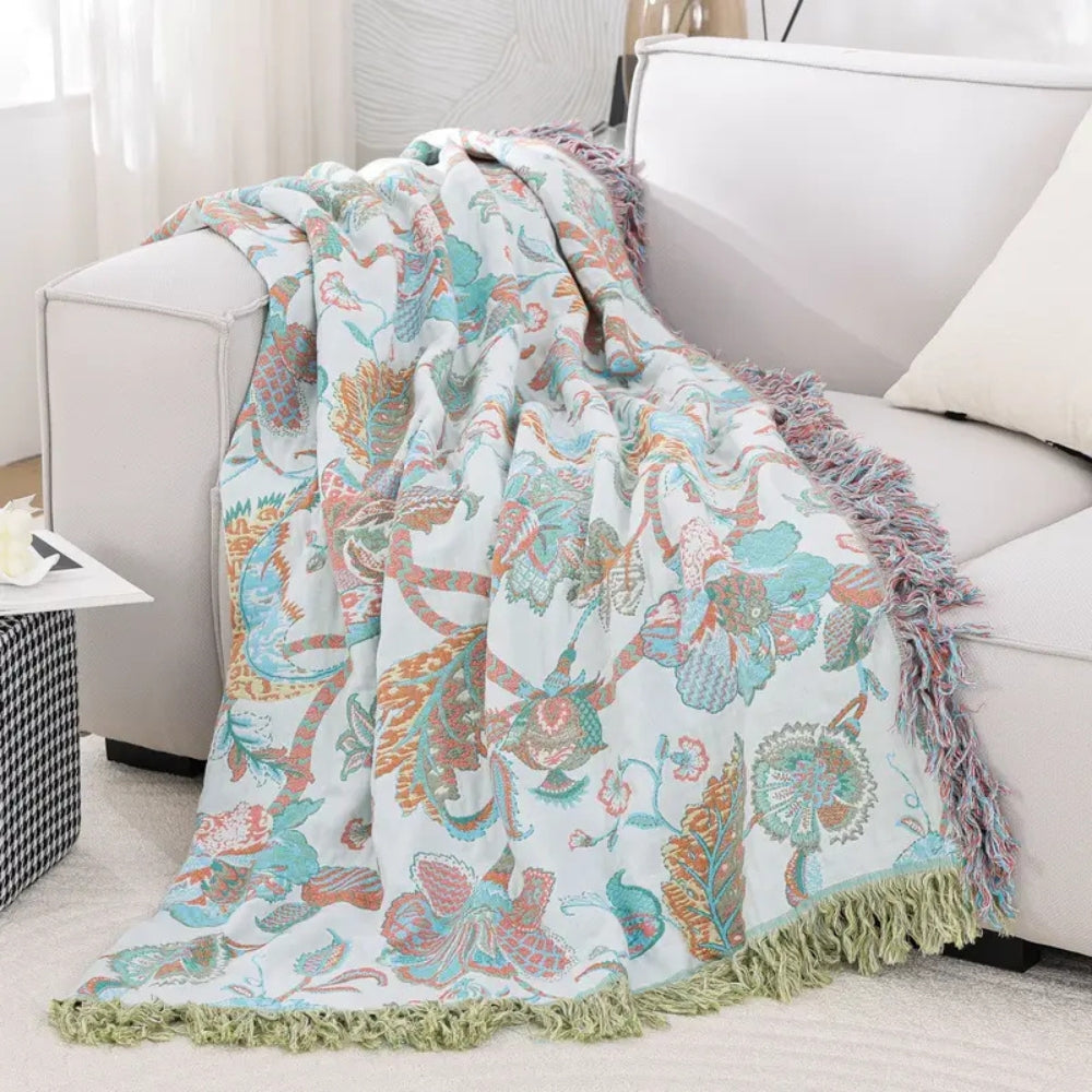 EleganzFaden: Coperte in cotone con struttura jacquard floreale e design decorativo con frange – per divano e letto