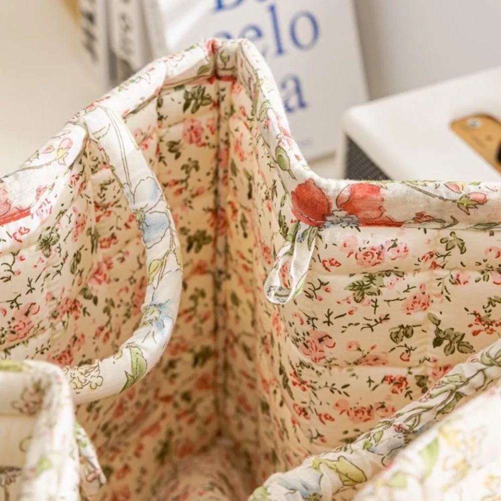 EleganzKorb: Cesto di stoccaggio in canvas con delicato motivo floreale – leggero, robusto e versatile per scarpe e biancheria