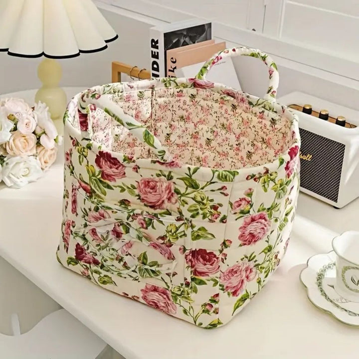 EleganzKorb: Cesto di stoccaggio in canvas con delicato motivo floreale – leggero, robusto e versatile per scarpe e biancheria