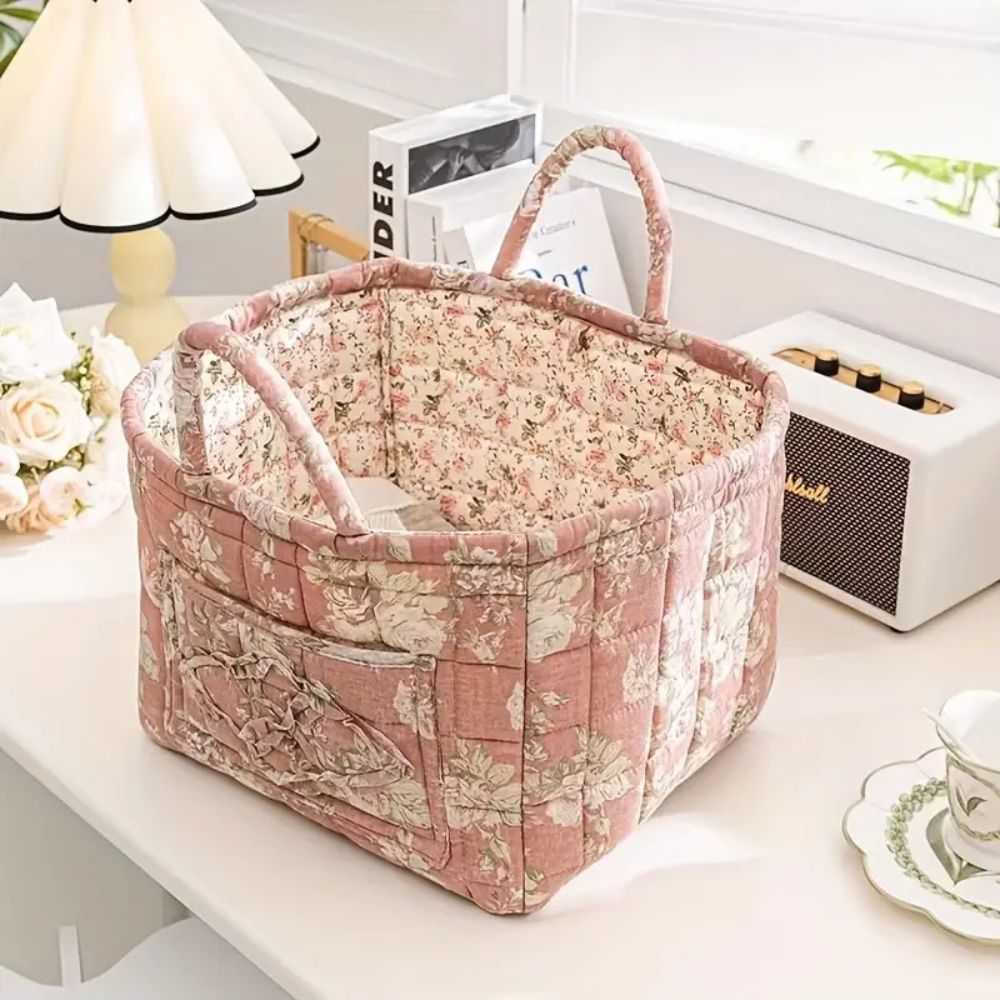 EleganzKorb: Cesto di stoccaggio in canvas con delicato motivo floreale – leggero, robusto e versatile per scarpe e biancheria