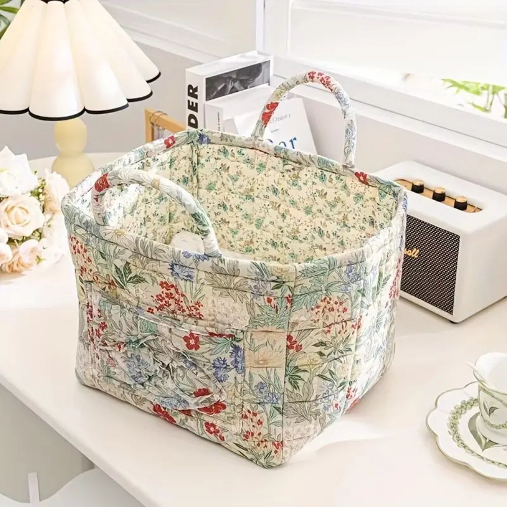EleganzKorb: Cesto di stoccaggio in canvas con delicato motivo floreale – leggero, robusto e versatile per scarpe e biancheria