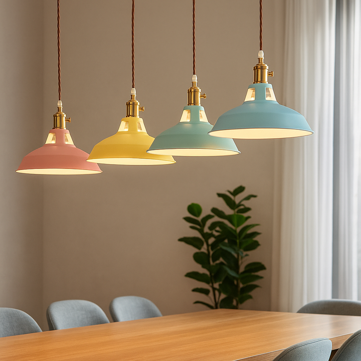 FarbGlanz: Lampada a sospensione in metallo industriale LED con cupola colorata – per cucina e sala da pranzo