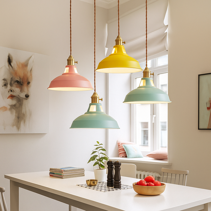 FarbGlanz: Lampada a sospensione in metallo industriale LED con cupola colorata – per cucina e sala da pranzo