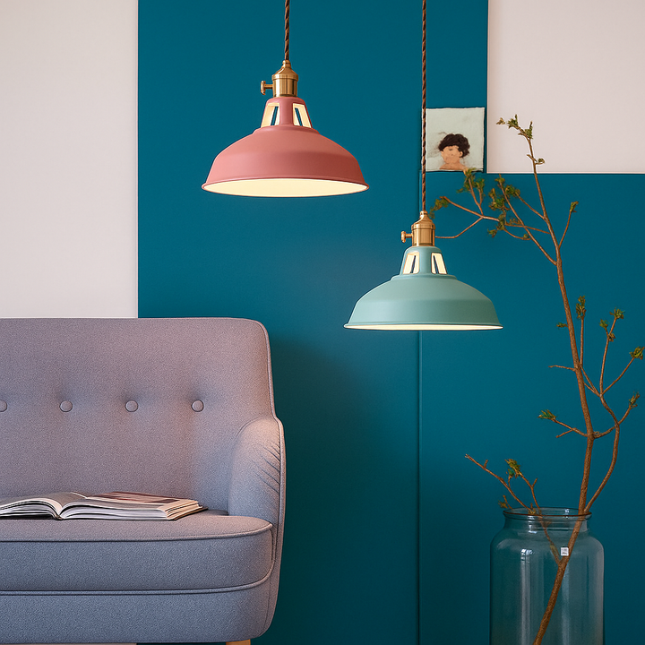 FarbGlanz: Lampada a sospensione in metallo industriale LED con cupola colorata – per cucina e sala da pranzo