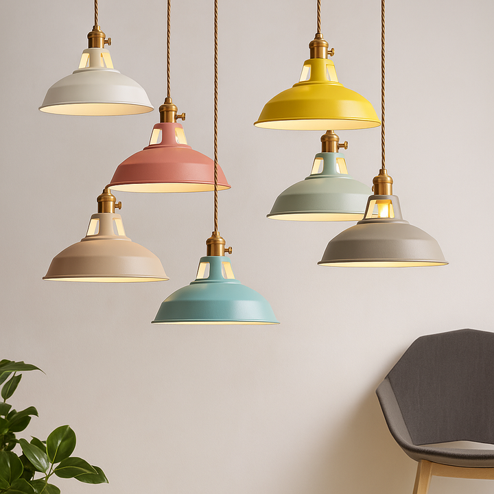 FarbGlanz: Lampada a sospensione in metallo industriale LED con cupola colorata – per cucina e sala da pranzo