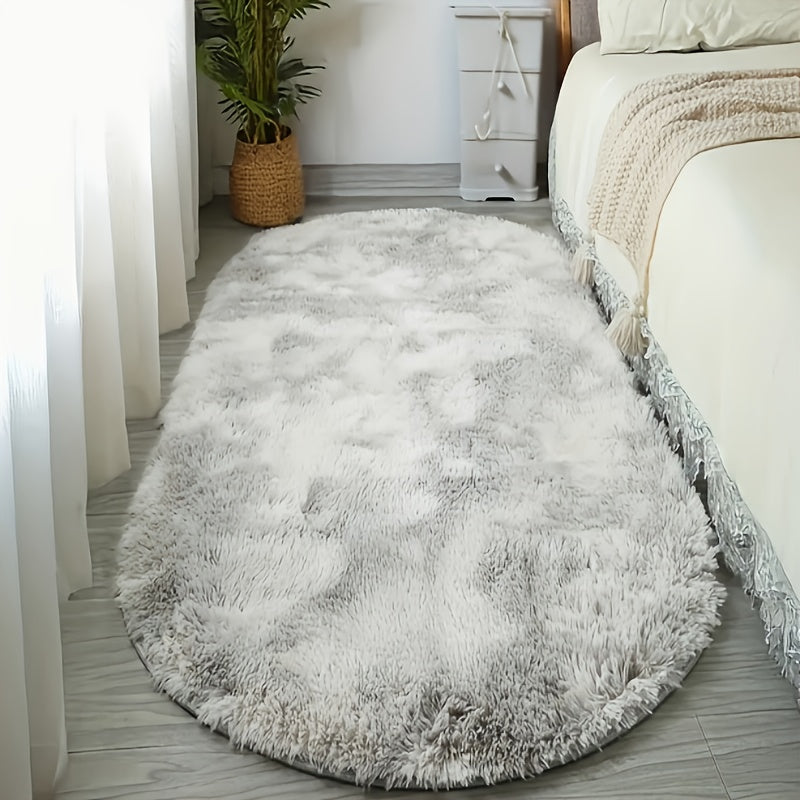 FarbWohl: Tappeto alto in pelo ovale con design Tie-Dye – per camera da letto e lato letto