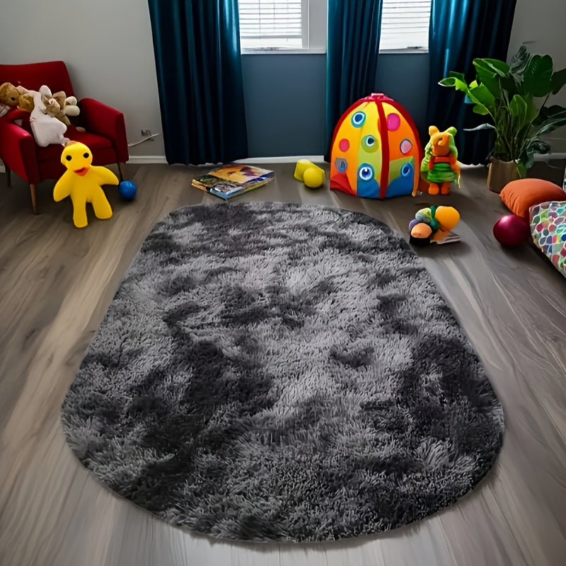 FarbWohl: Tappeto alto in pelo ovale con design Tie-Dye – per camera da letto e lato letto
