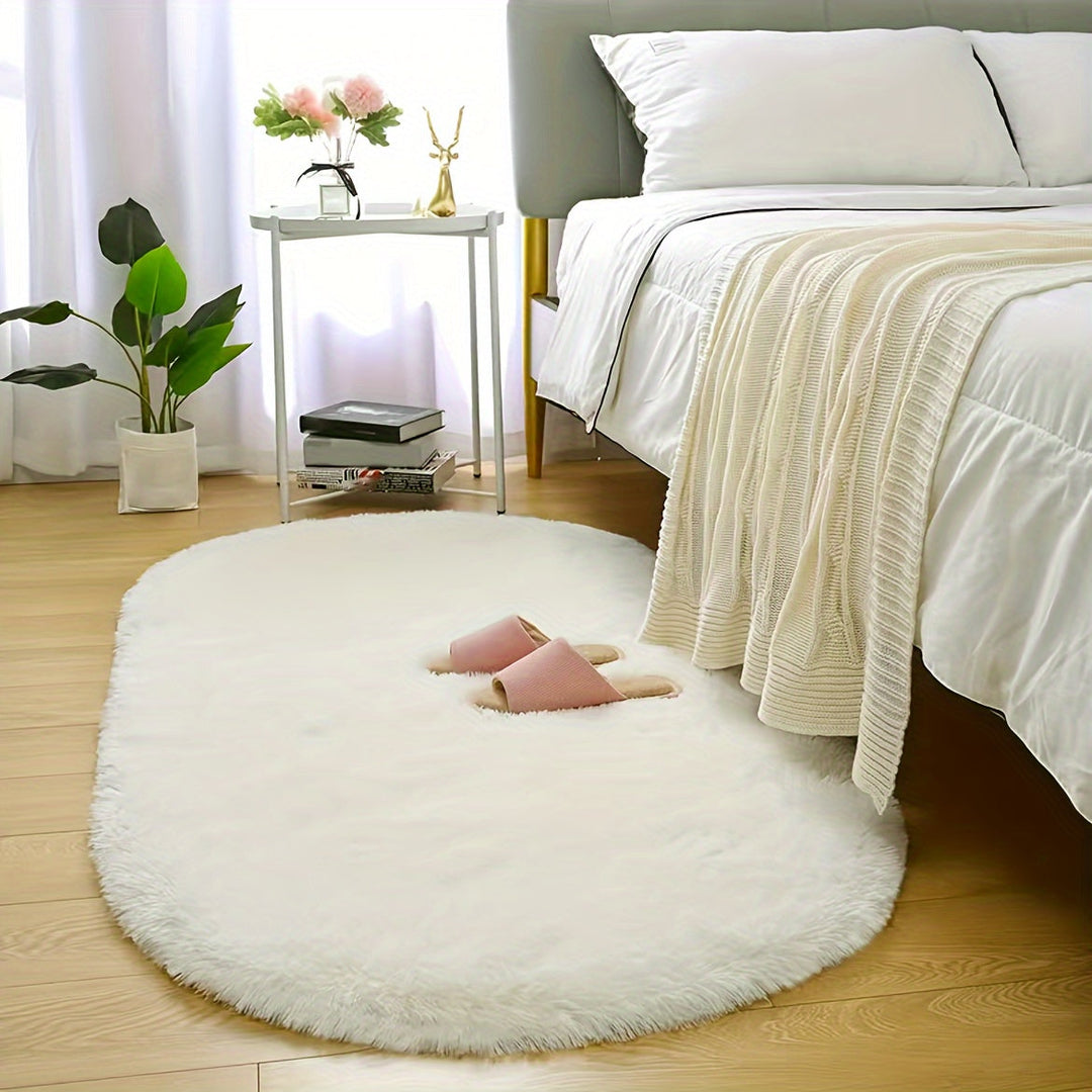 FarbWohl: Tappeto alto in pelo ovale con design Tie-Dye – per camera da letto e lato letto