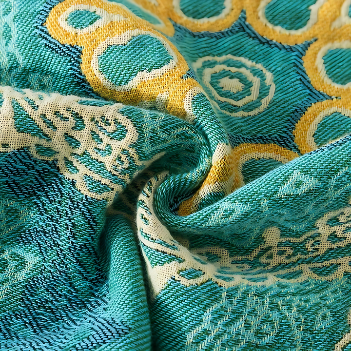 Farbmandala: Coperta in cotone traspirante con motivo teal-oro e stile Boho – per divano e letto