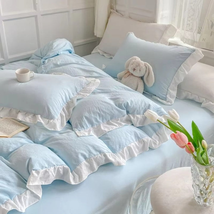 FeenTraum: Set copripiumino a quadri – amichevole per la pelle, facile da curare e giocoso con rouches da principessa per la camera da letto