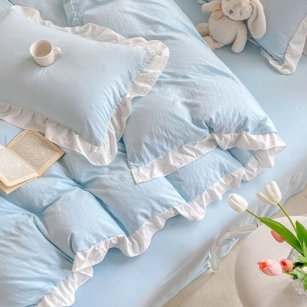 FeenTraum: Set copripiumino a quadri – amichevole per la pelle, facile da curare e giocoso con rouches da principessa per la camera da letto