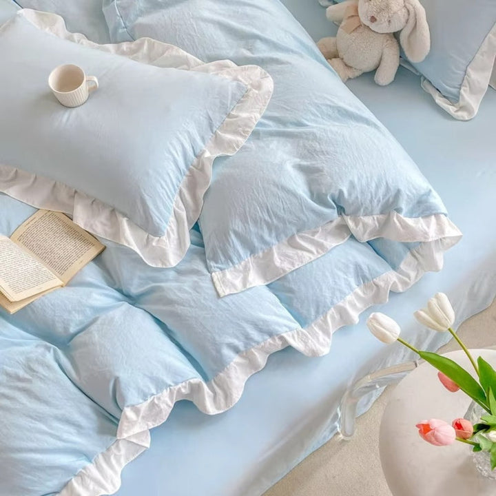 FeenTraum: Set copripiumino a quadri – amichevole per la pelle, facile da curare e giocoso con rouches da principessa per la camera da letto
