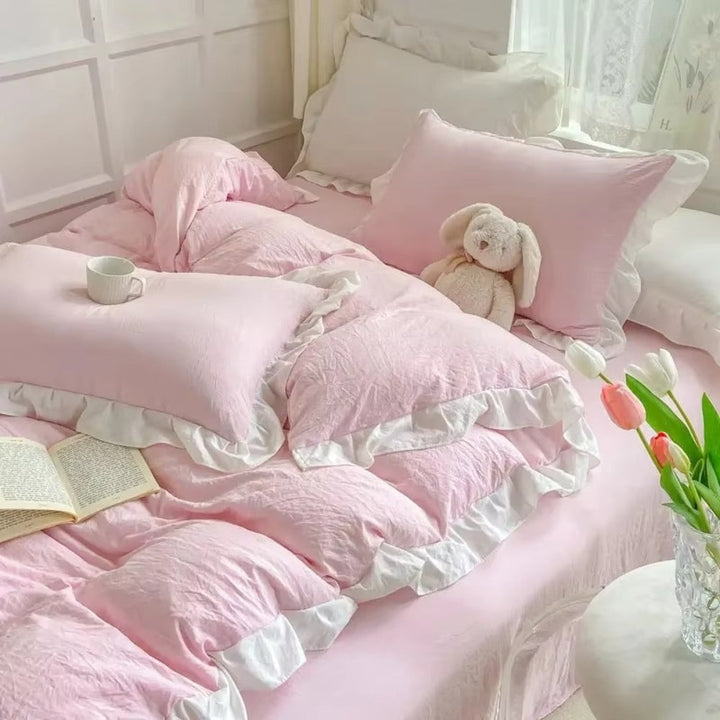 FeenTraum: Set copripiumino a quadri – amichevole per la pelle, facile da curare e giocoso con rouches da principessa per la camera da letto