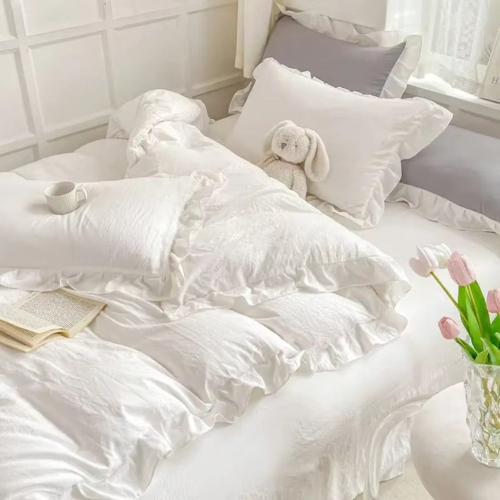 FeenTraum: Set copripiumino a quadri – amichevole per la pelle, facile da curare e giocoso con rouches da principessa per la camera da letto