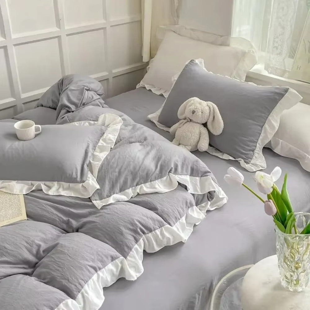 FeenTraum: Set copripiumino a quadri – amichevole per la pelle, facile da curare e giocoso con rouches da principessa per la camera da letto
