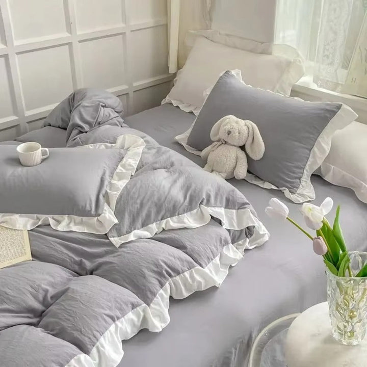 FeenTraum: Set copripiumino a quadri – amichevole per la pelle, facile da curare e giocoso con rouches da principessa per la camera da letto