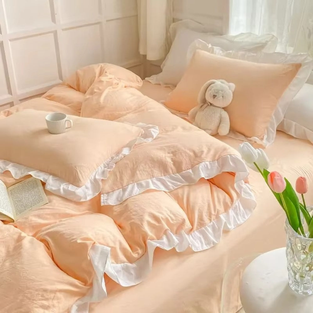 FeenTraum: Set copripiumino a quadri – amichevole per la pelle, facile da curare e giocoso con rouches da principessa per la camera da letto