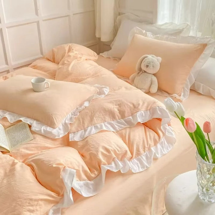 FeenTraum: Set copripiumino a quadri – amichevole per la pelle, facile da curare e giocoso con rouches da principessa per la camera da letto
