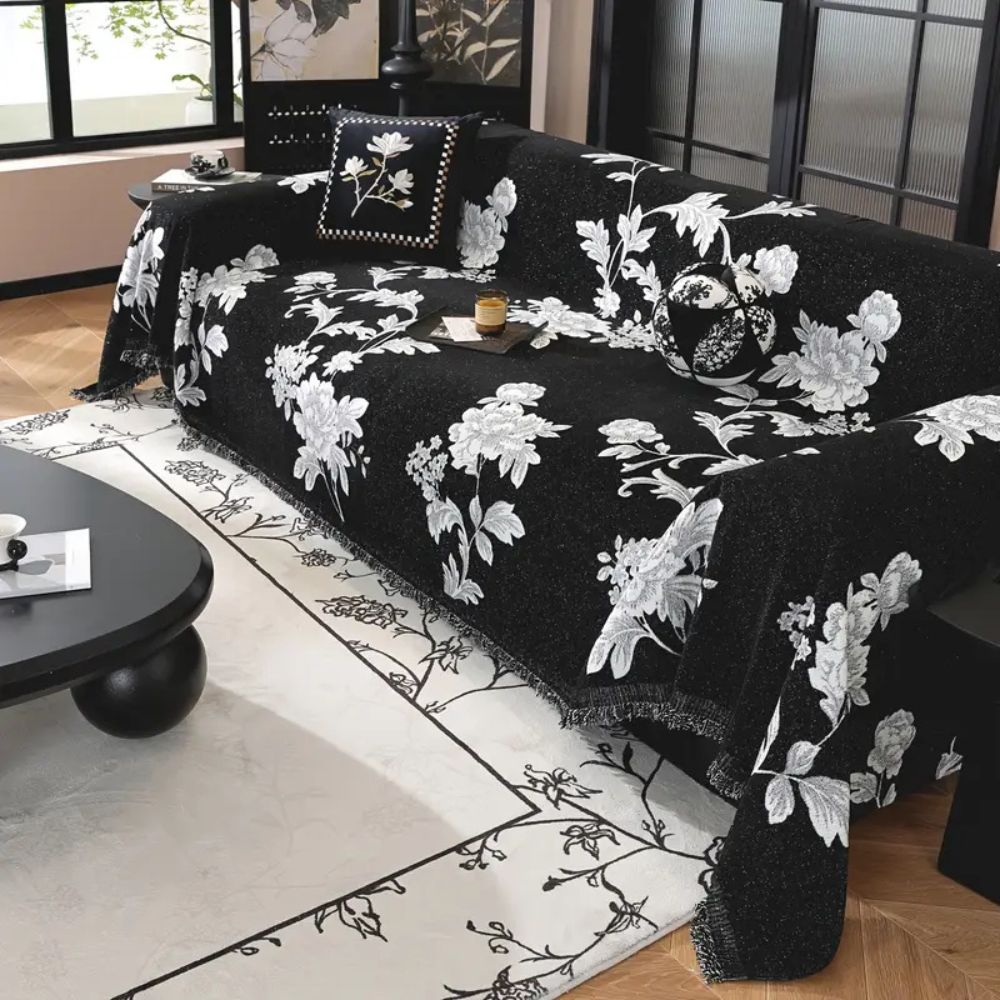 FleurÉternel: Fodera per divano in jacquard con motivo floreale in chenille traspirante con frange decorative – per divano e soggiorno