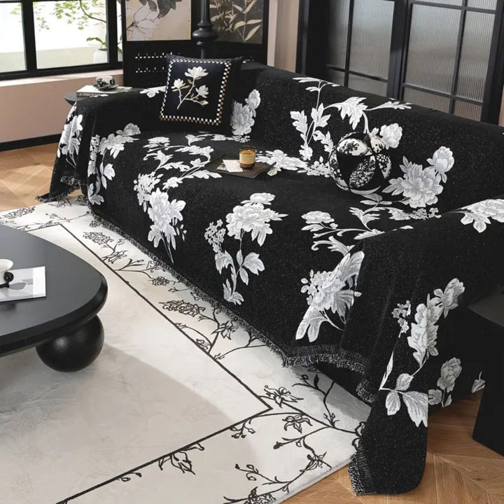 FleurÉternel: Fodera per divano in jacquard con motivo floreale in chenille traspirante con frange decorative – per divano e soggiorno