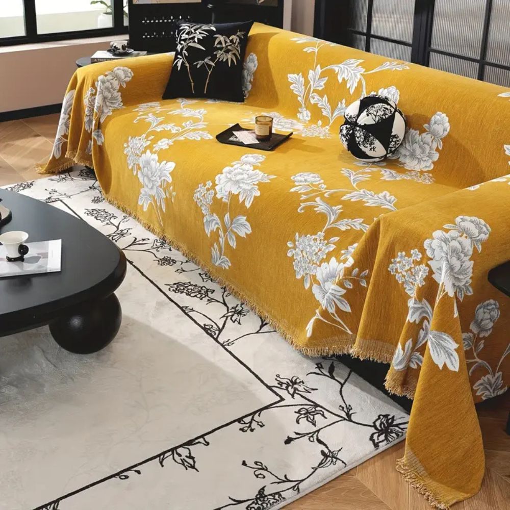 FleurÉternel: Fodera per divano in jacquard con motivo floreale in chenille traspirante con frange decorative – per divano e soggiorno