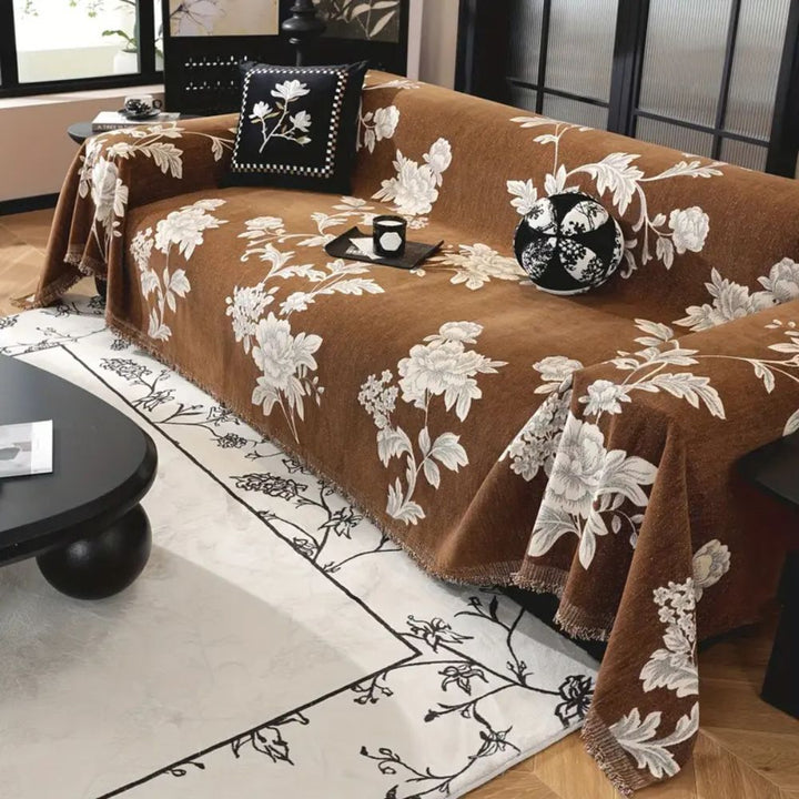 FleurÉternel: Fodera per divano in jacquard con motivo floreale in chenille traspirante con frange decorative – per divano e soggiorno