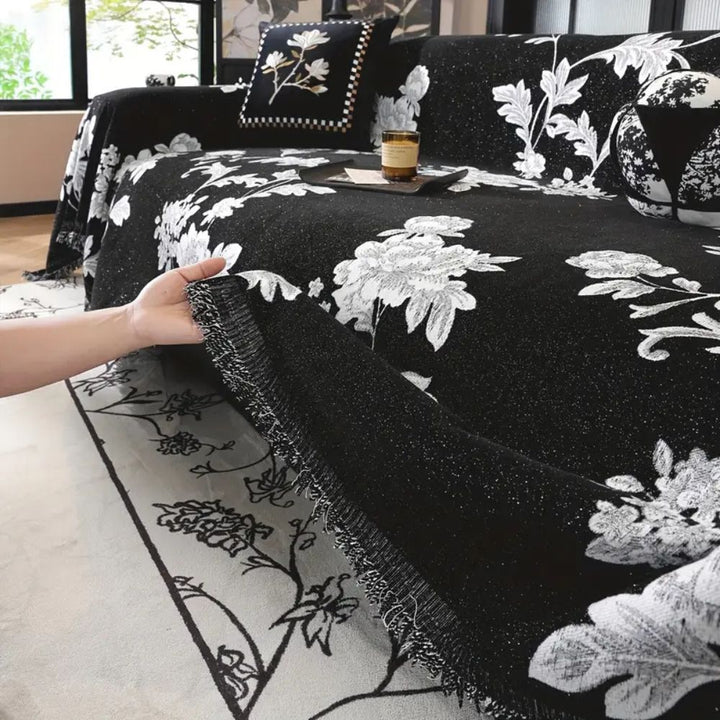 FleurÉternel: Fodera per divano in jacquard con motivo floreale in chenille traspirante con frange decorative – per divano e soggiorno
