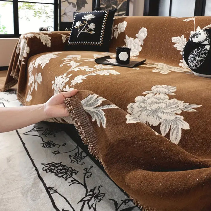 FleurÉternel: Fodera per divano in jacquard con motivo floreale in chenille traspirante con frange decorative – per divano e soggiorno