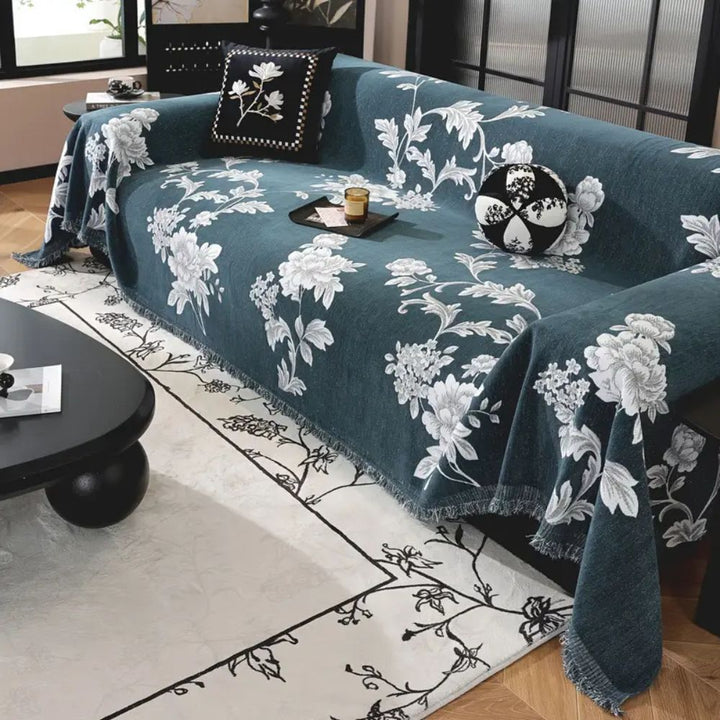 FleurÉternel: Fodera per divano in jacquard con motivo floreale in chenille traspirante con frange decorative – per divano e soggiorno