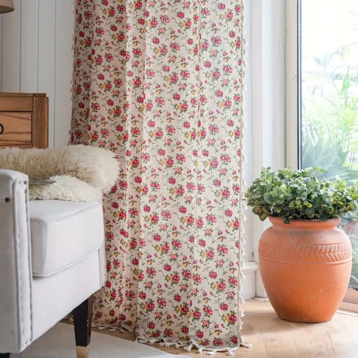 FloraBaumwolle: Tenda in cotone con motivo floreale e frange – elegante e resistente ai raggi UV per la sala da pranzo