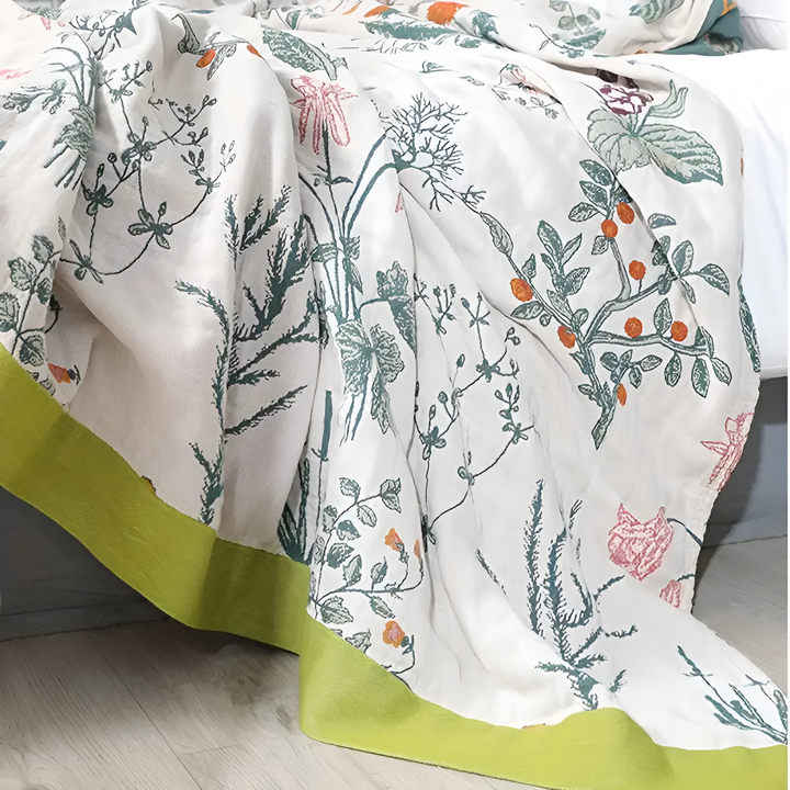 FloraHaus: Leggera coperta estiva in cotone con motivo floreale e struttura traspirante – per letto e divano