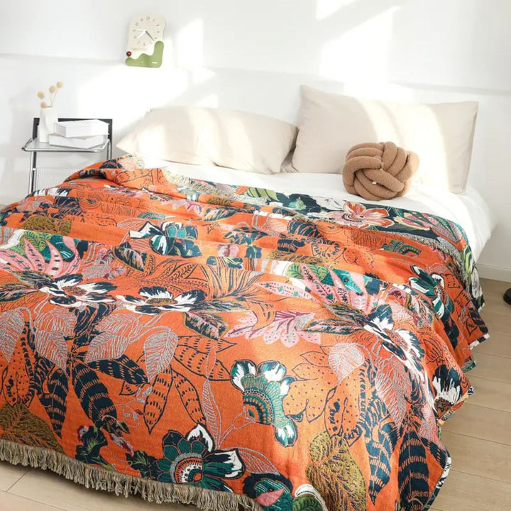 FloraSoleil: Coperte in cotone con motivo floreale tropicale, tessitura Jacquard e struttura reversibile – per divano e camera da letto
