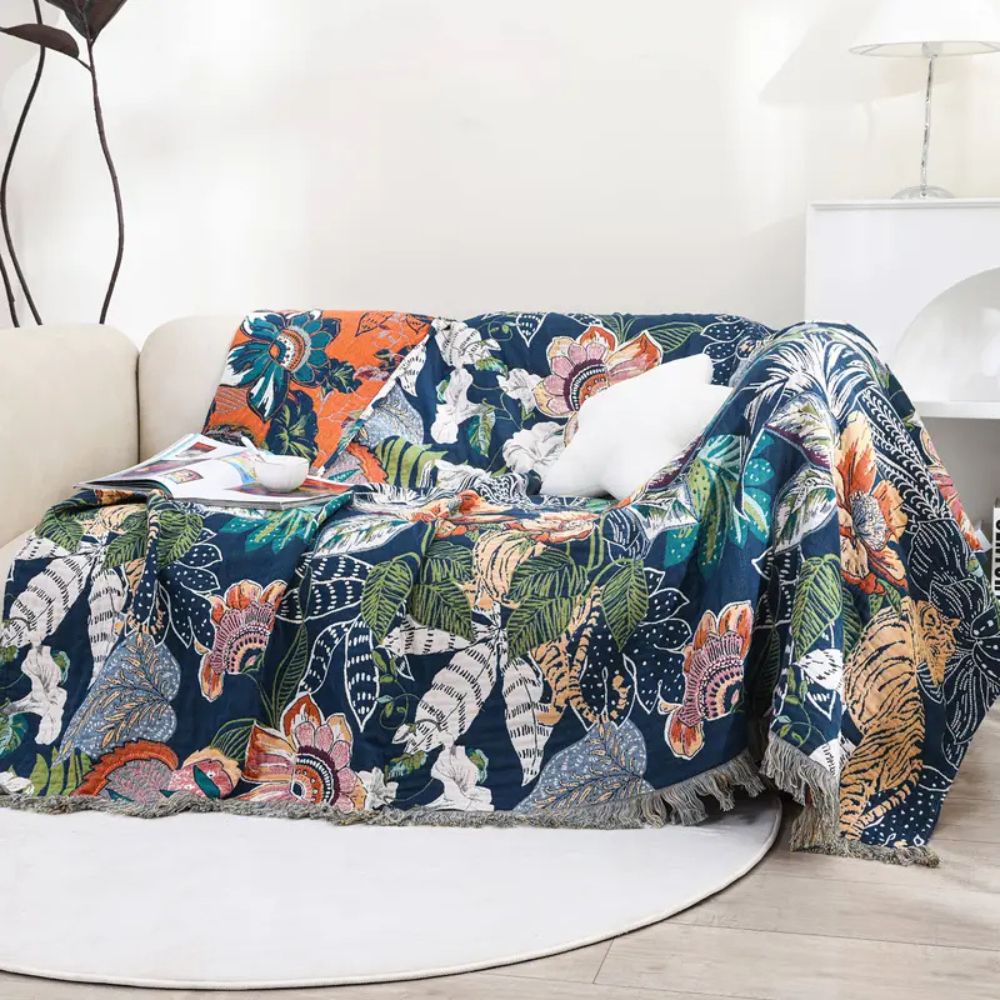 FloraSoleil: Coperte in cotone con motivo floreale tropicale, tessitura Jacquard e struttura reversibile – per divano e camera da letto