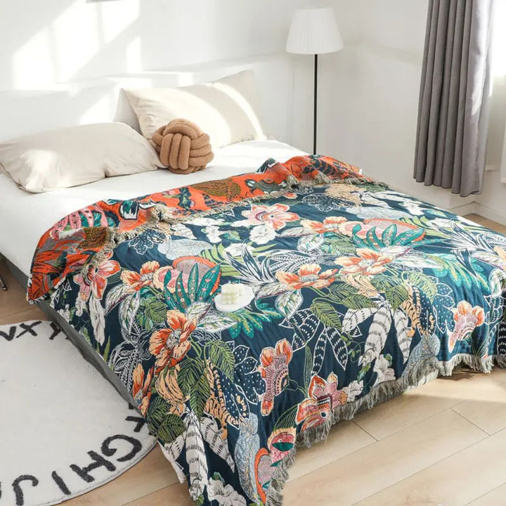 FloraSoleil: Coperte in cotone con motivo floreale tropicale, tessitura Jacquard e struttura reversibile – per divano e camera da letto