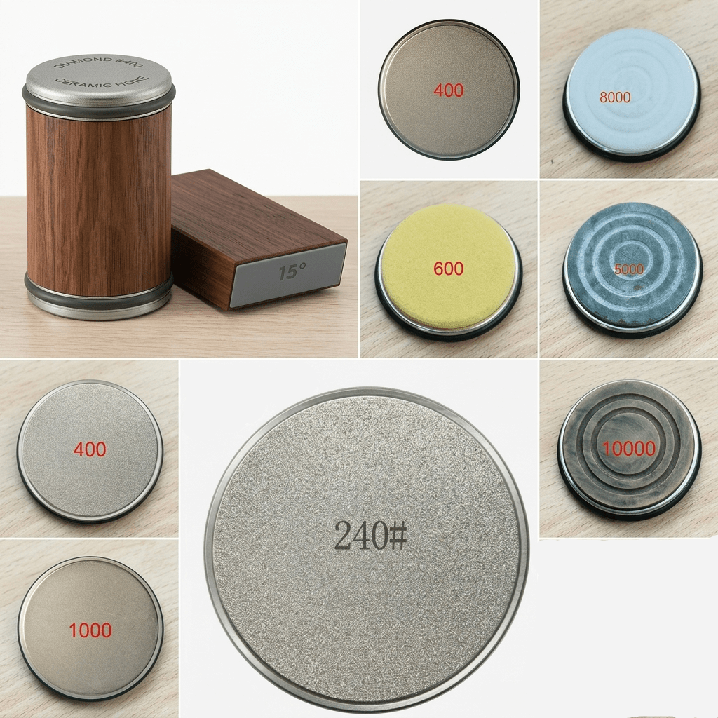 DIASHARP – Set di Affilatori per Coltelli con Affilatore in Diamante e Piattaforma in Legno